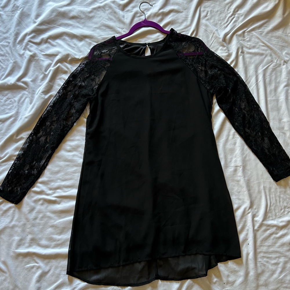 E-Feite Black Chic Cocktail Dress with Sheer Lace Sleeves Women’s Size XL